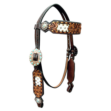 Bar H Equine Horse Genuine Leather Floral Design Breast Collar ,Headstall Brown